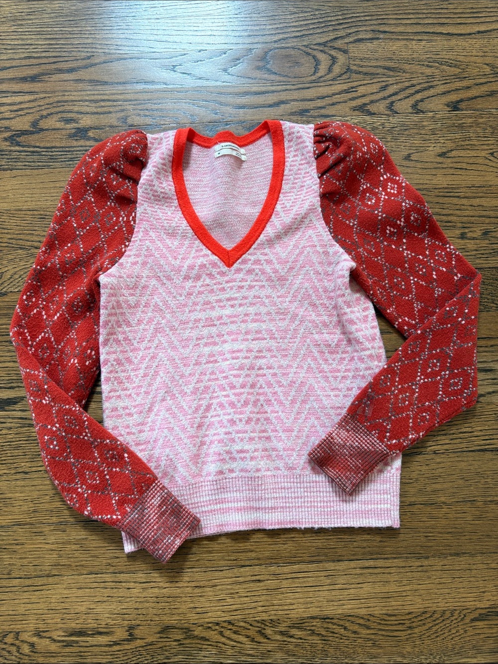 Anthropologie Pink & Red V-Neck Sweater Top with Puff Sleeves, XS